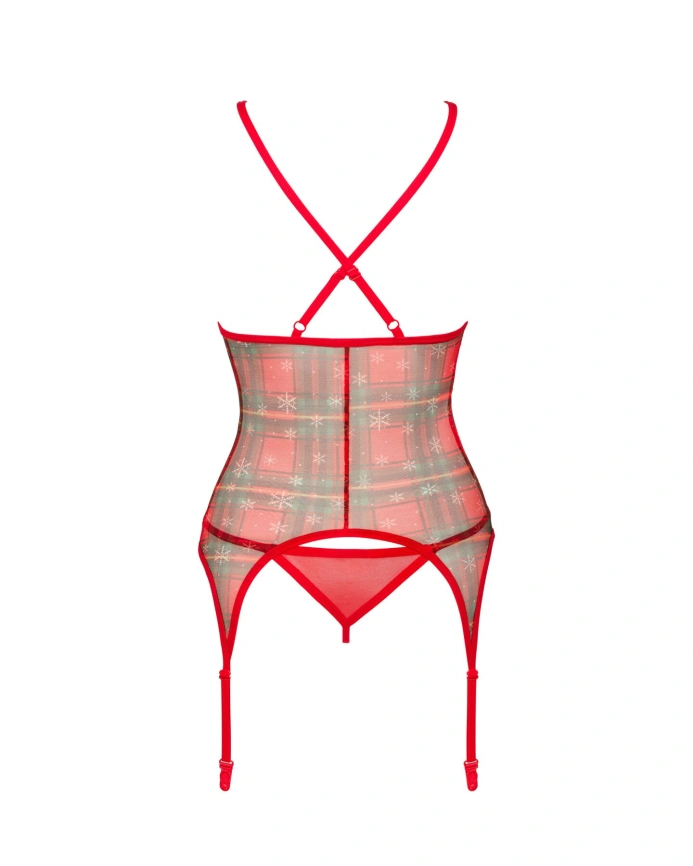 Корсет Obsessive Jollymore corset, M/L, в клетку, с кружевом, пажи для чулок, стринги в комплекте фото 4