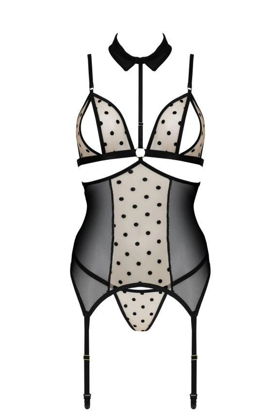 Корсет с открытой грудью Passion DOMINICA CORSET S/M beige, пажи для чулок, стринги фото 3