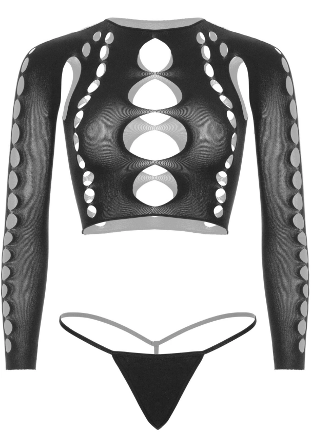 Комплект бесшовного белья Leg Avenue Long sleeve crop top & string Black, One Size, топ, стринги фото 3
