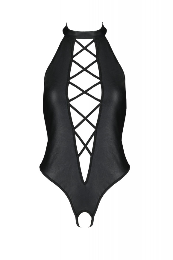 Боді з екошкіри Passion NANCY BODY 4XL/5XL black, з імітацією шнурівки та відкритим доступом фото 3