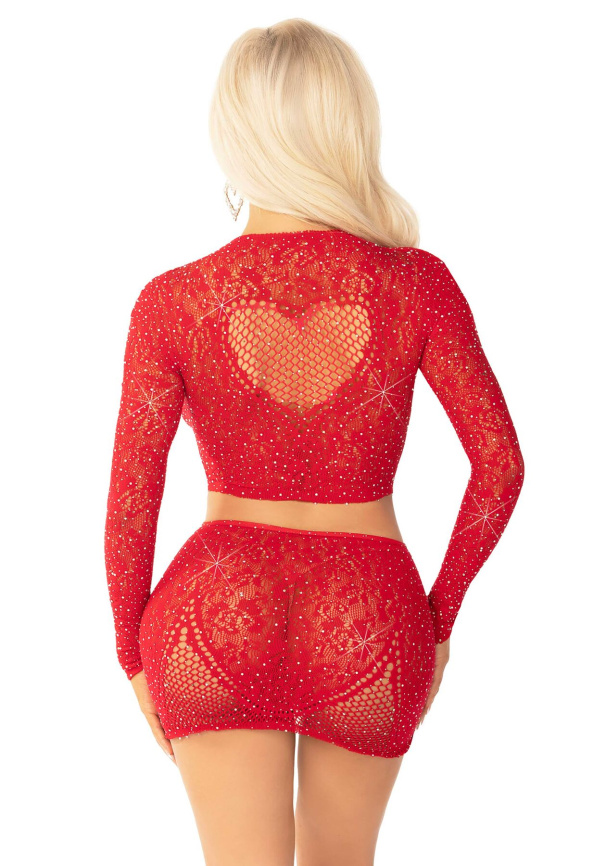 Блискучий комплект кроп-топ і спідниця Leg Avenue Rhinestone One Size, Red, довгий рукав фото 2