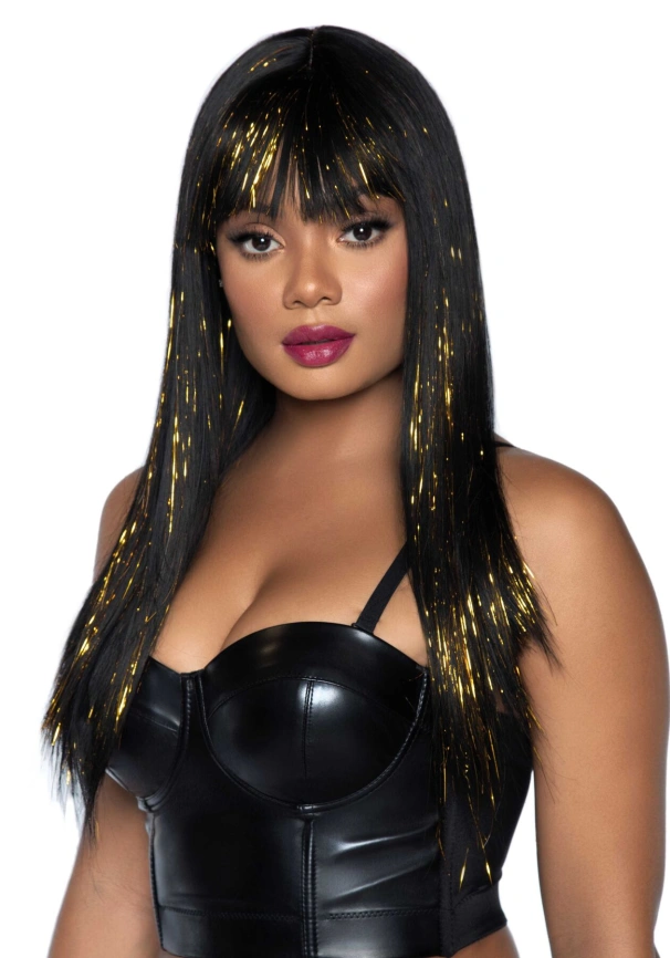 Черный парик с золотыми прядями Leg Avenue Long bang wig with tinsel, 60 см фото 1