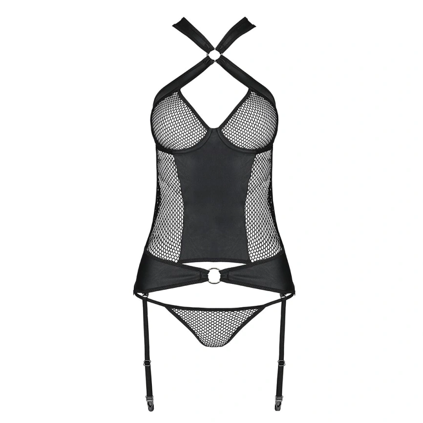 Сетчатый комплект корсет с халтером, съемные подвязки и трусики Passion AMANDA CORSET S/M, black фото 11