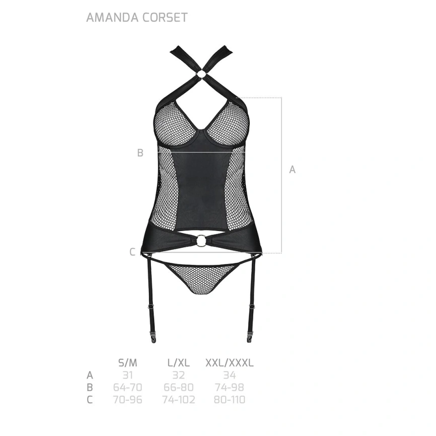 Сетчатый комплект корсет с халтером, съемные подвязки и трусики Passion AMANDA CORSET S/M, black фото 13