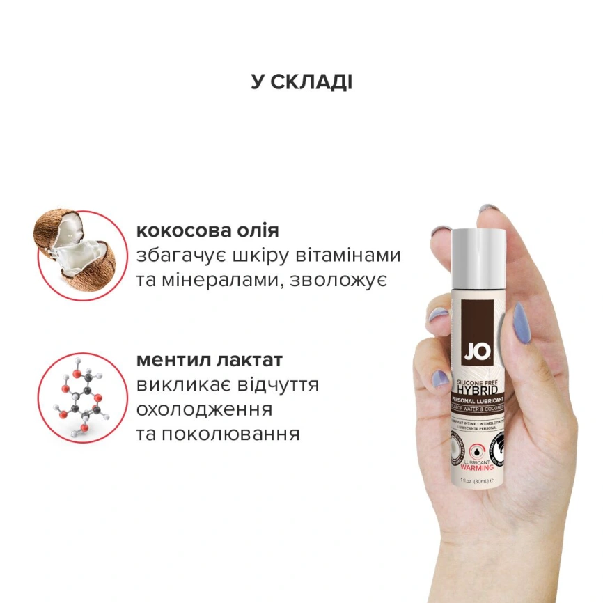 Разогревающая смазка-крем с кокосовым маслом JO Coconut Hybrid WARMING (30 мл) белая фото 4