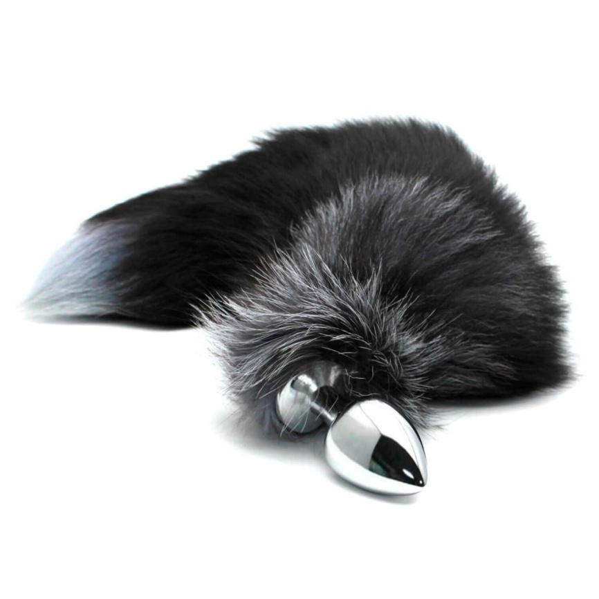 Металева анальна пробка Лисячий хвіст Alive Black And White Fox Tail L, діаметр 3,9 см фото 1