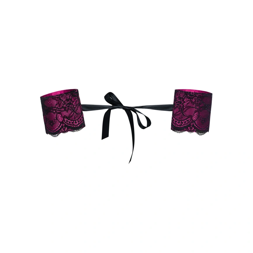 Атласные наручники-манжеты на лентах Obsessive Roseberry cuffs, pink, украшена кружевом фото 1
