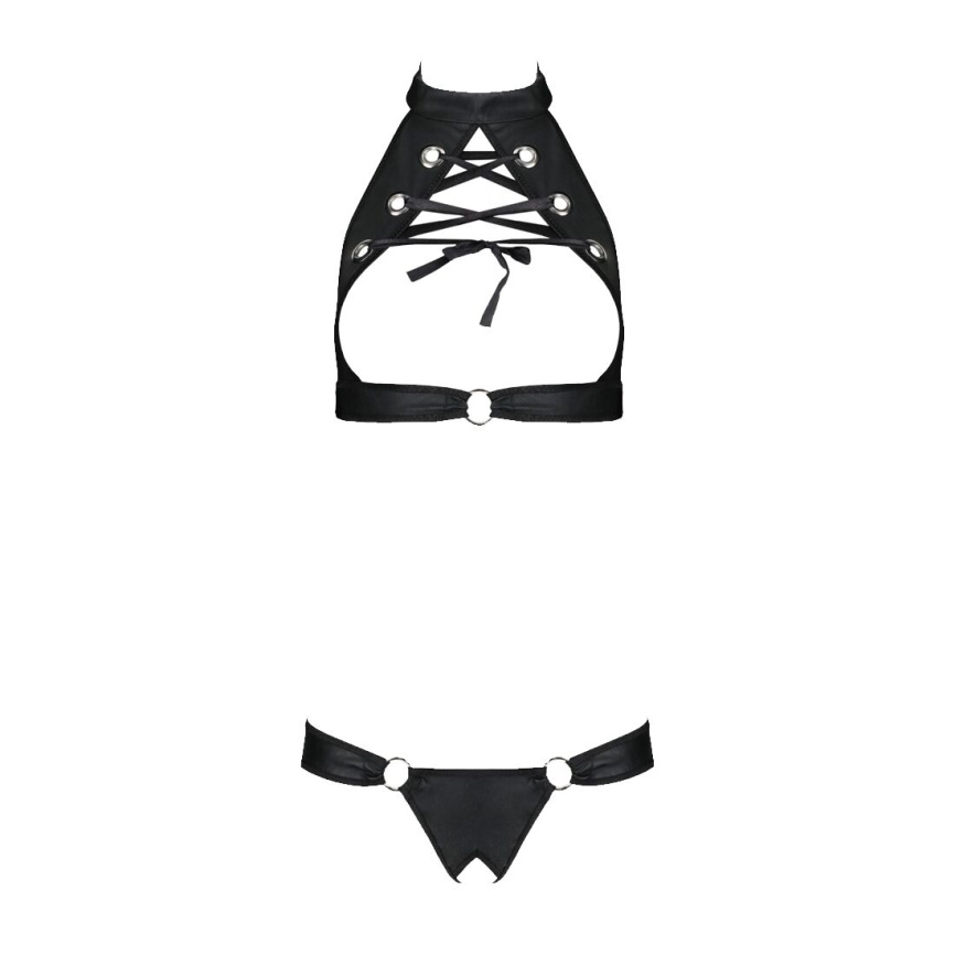 Комплект із екошкіри Passion MALWIA SET with Open Bra 4XL/5XL black, топ та трусики з люверсами фото 7