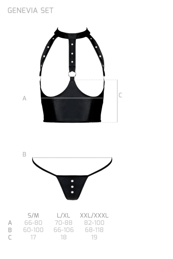 Комплект білизни з відкритими грудьми Passion GENEVIA SET WITH OPEN BRA L/XL black, корсет, стрінги фото 7