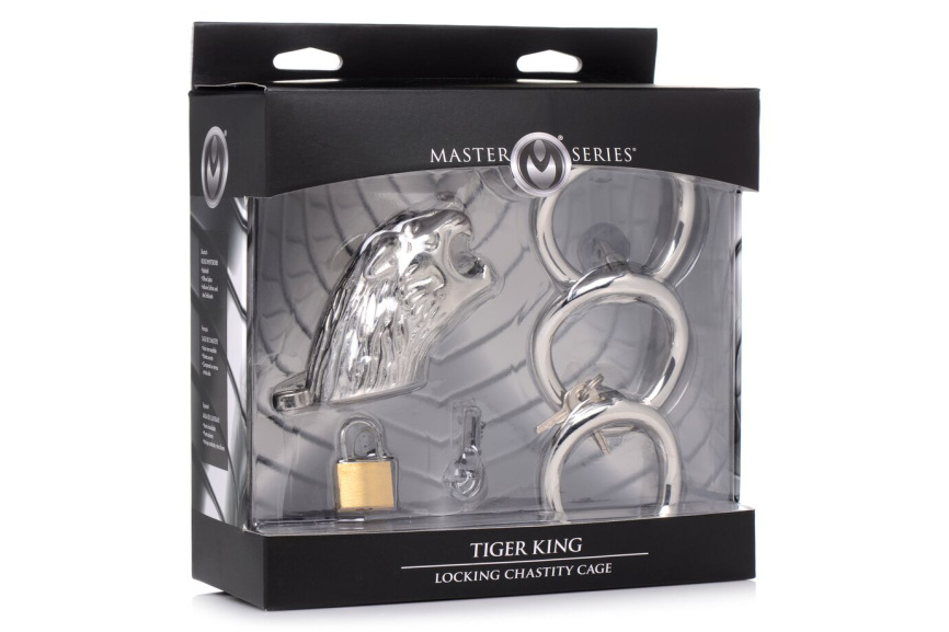 Клітка для пеніса Master Series: Tiger King Cock Cage With Lock, три кільця, замок, три ключі фото 7