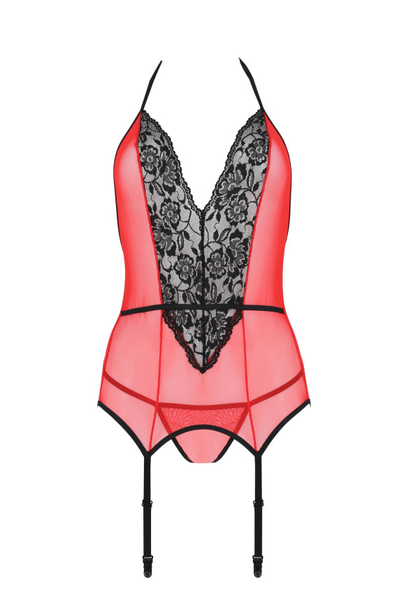 Корсет з пажами для панчіх Passion PEONIA CORSET XXL/XXXL red стрінги фото 3