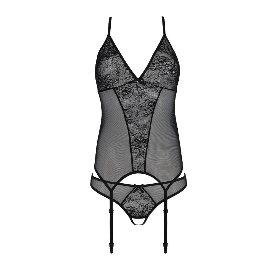 Корсет із пажами, трусики з ажурним декором та відкритим кроком Passion URSULA CORSET L/XL, black фото 4