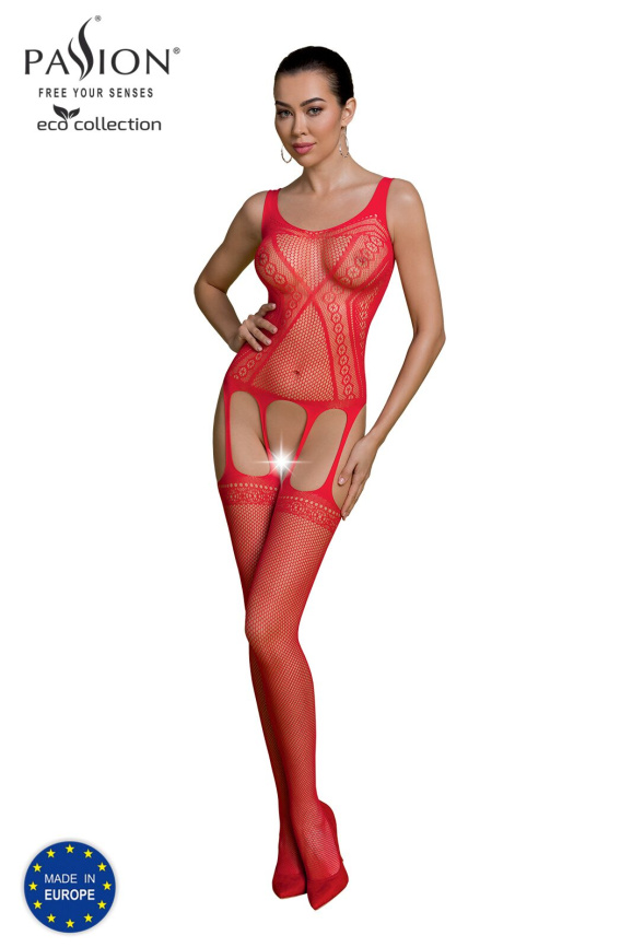 Бодістокінг Passion ECO BS007 red, з доступом, силуетний малюнок, імітація підв’язок фото 1