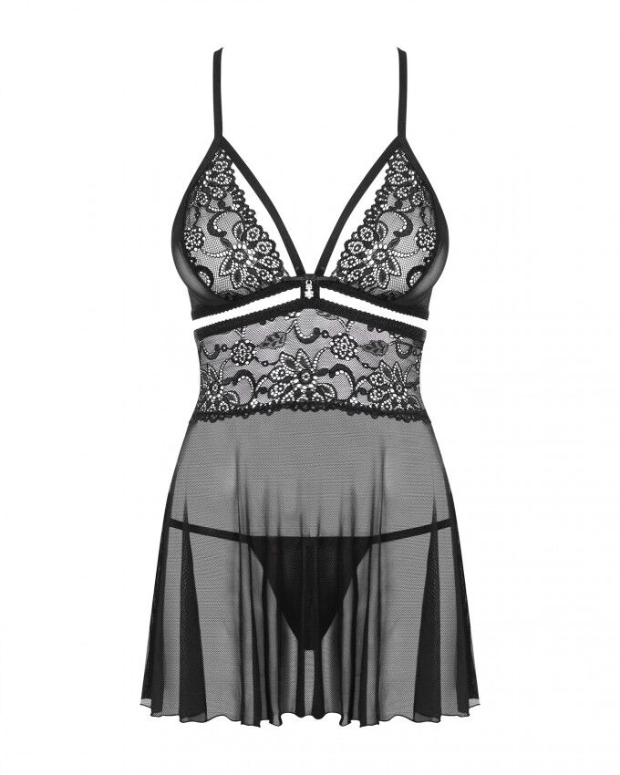 Эротический кружевной комплект с сеточкой Obsessive 838-BAB-1 babydoll & thong black XXL, черный, пе фото 6