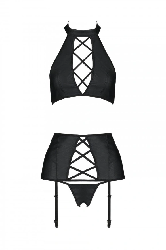 Комплект из эко-кожи с имитацией шнуровки Passion NANCY SET S/M black, топ, трусики, пояс для чулок фото 5