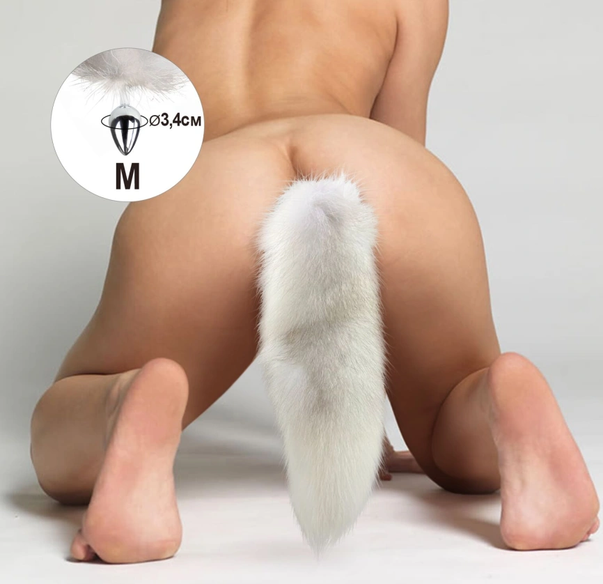 Металлическая анальная пробка с хвостом из натурального меха Art of Sex size M White fox фото 4